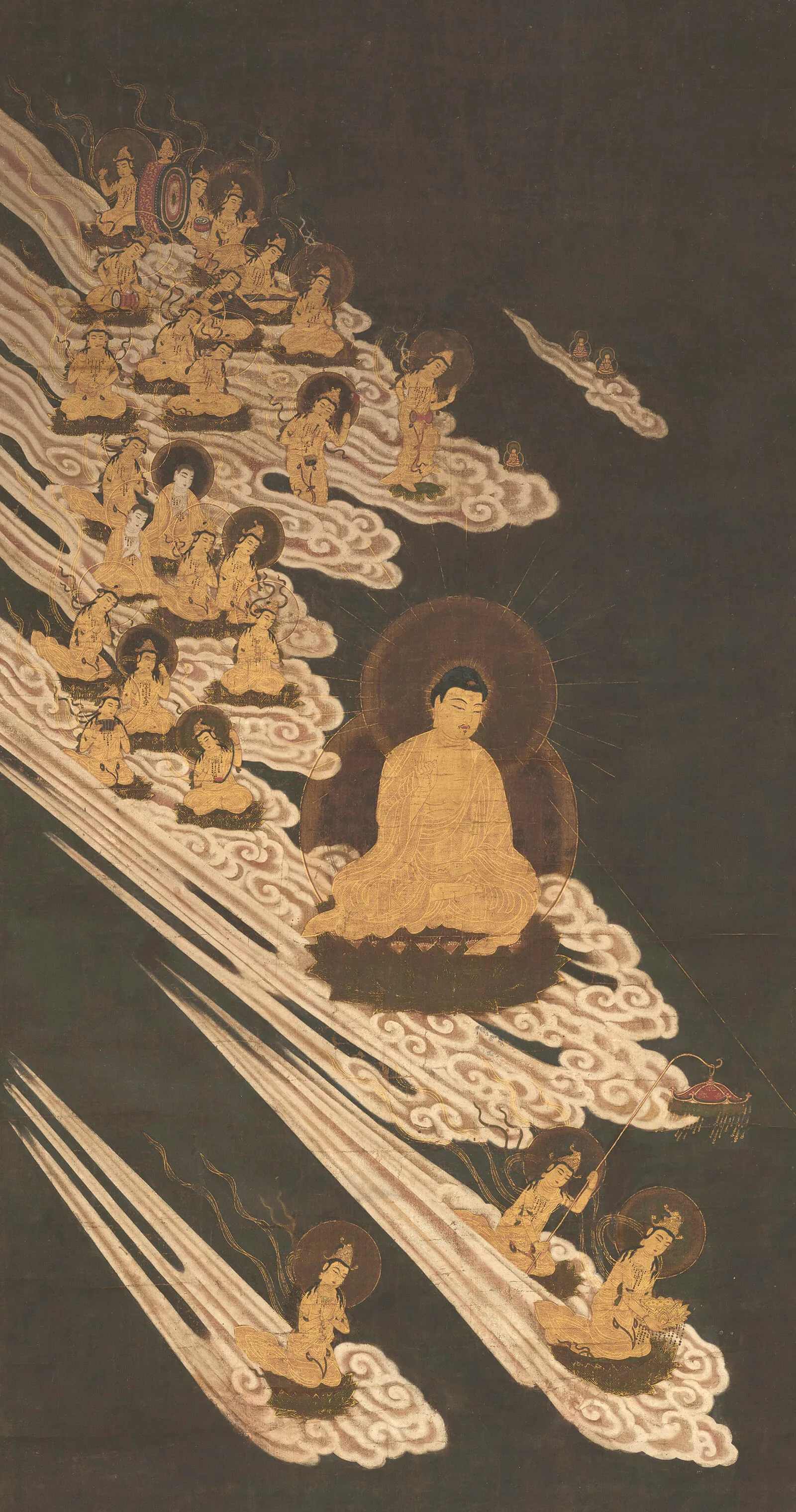 Amida and the Twenty-Five Bodhisattvas descending on luminous golden clouds — Muromachi period silk hanging scroll, 16th century, Nara National Museum
