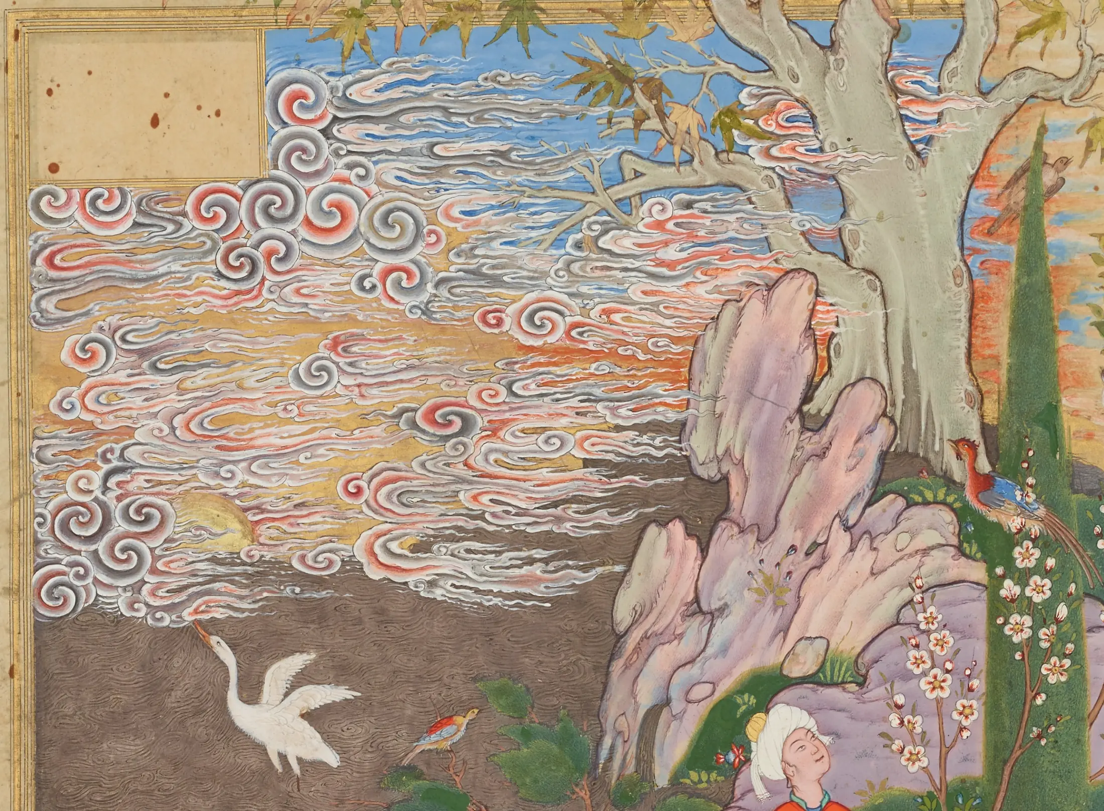 Curly clouds in orange, red and purple racing past a golden sun — Safavid miniature from Haft Awrang by Jami, Mashad, 1565