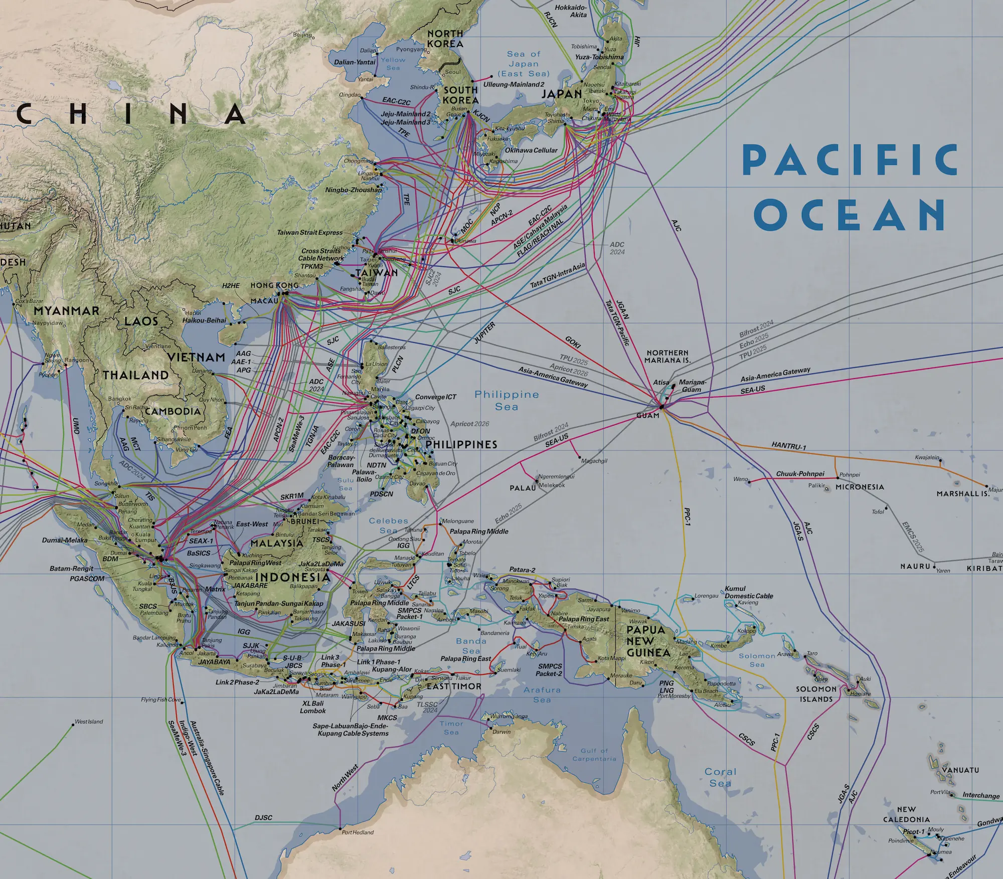 Indo-Pacific submarine cable network map — the physical nervous system of global cloud computation spanning the ocean floor, TeleGeography Submarine Cable Map 2024