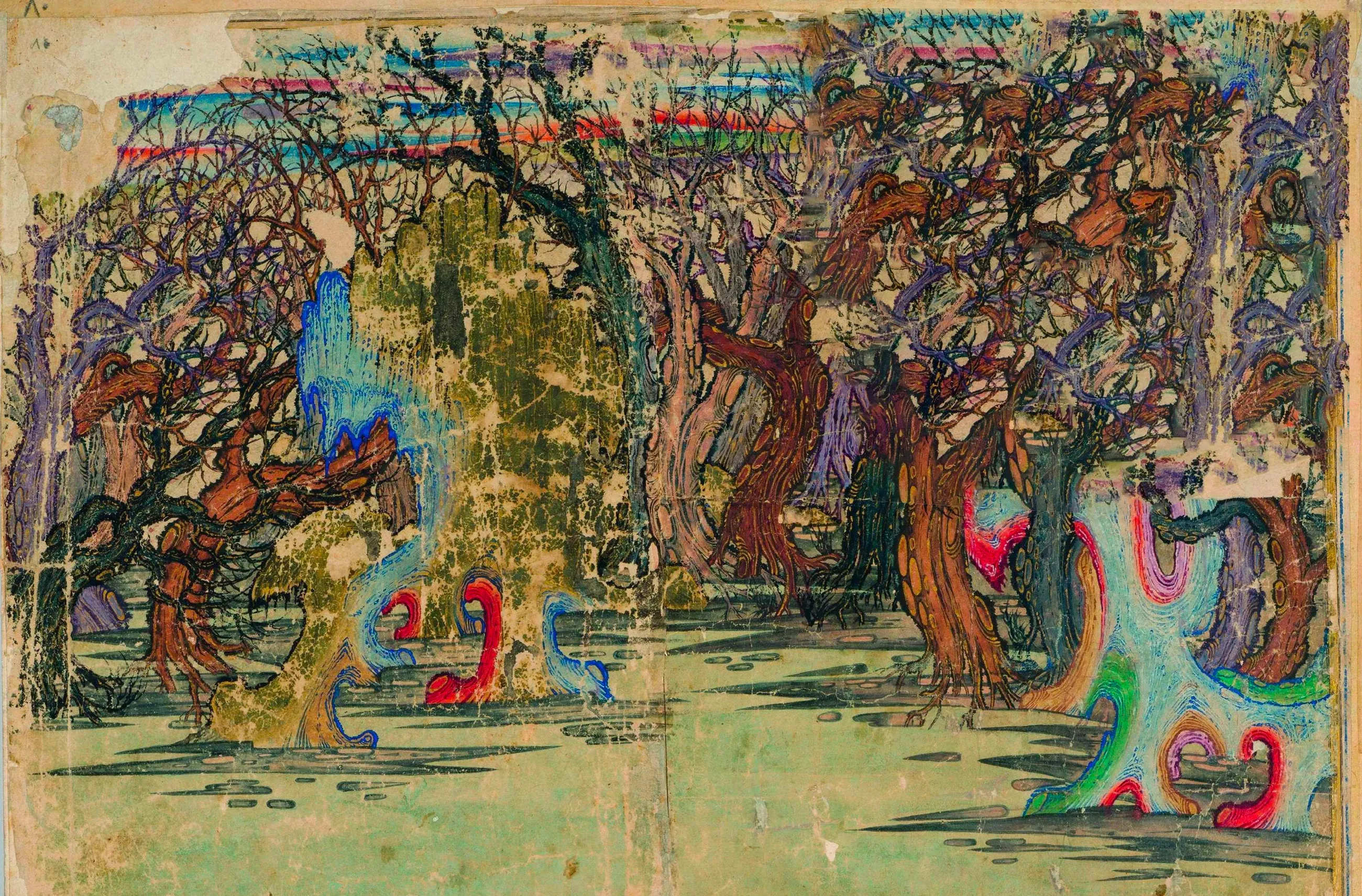 Winter scene — dried twisted trees and Chinese-inspired scholar's rocks reimagined as an iridescent dreamscape in an Ottoman miniature, 15th century, Topkapı Palace Museum Library