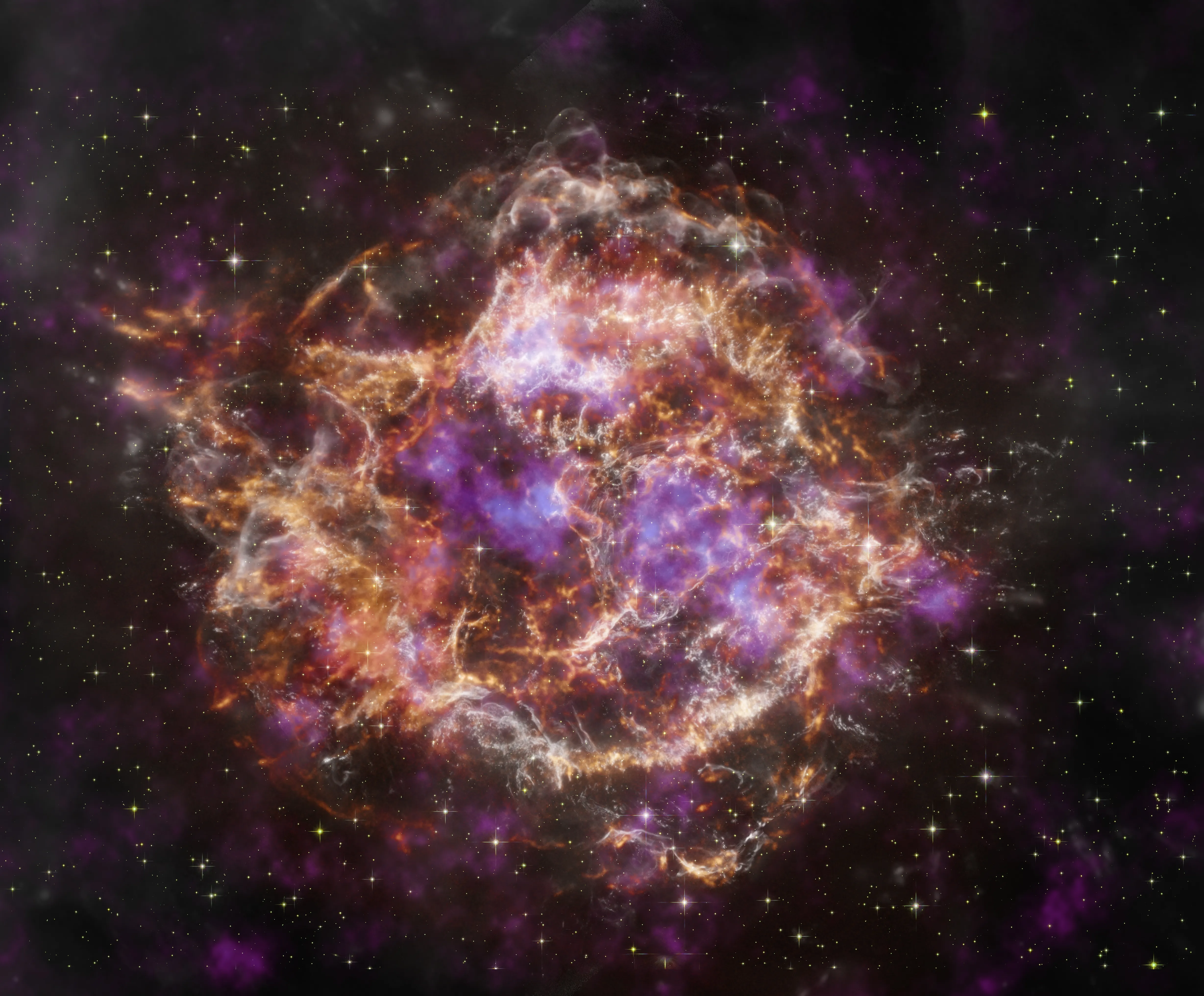 Cassiopeia A supernova remnant composite image from Chandra, Webb, Hubble, NuSTAR and Spitzer telescopes, NASA, 2025