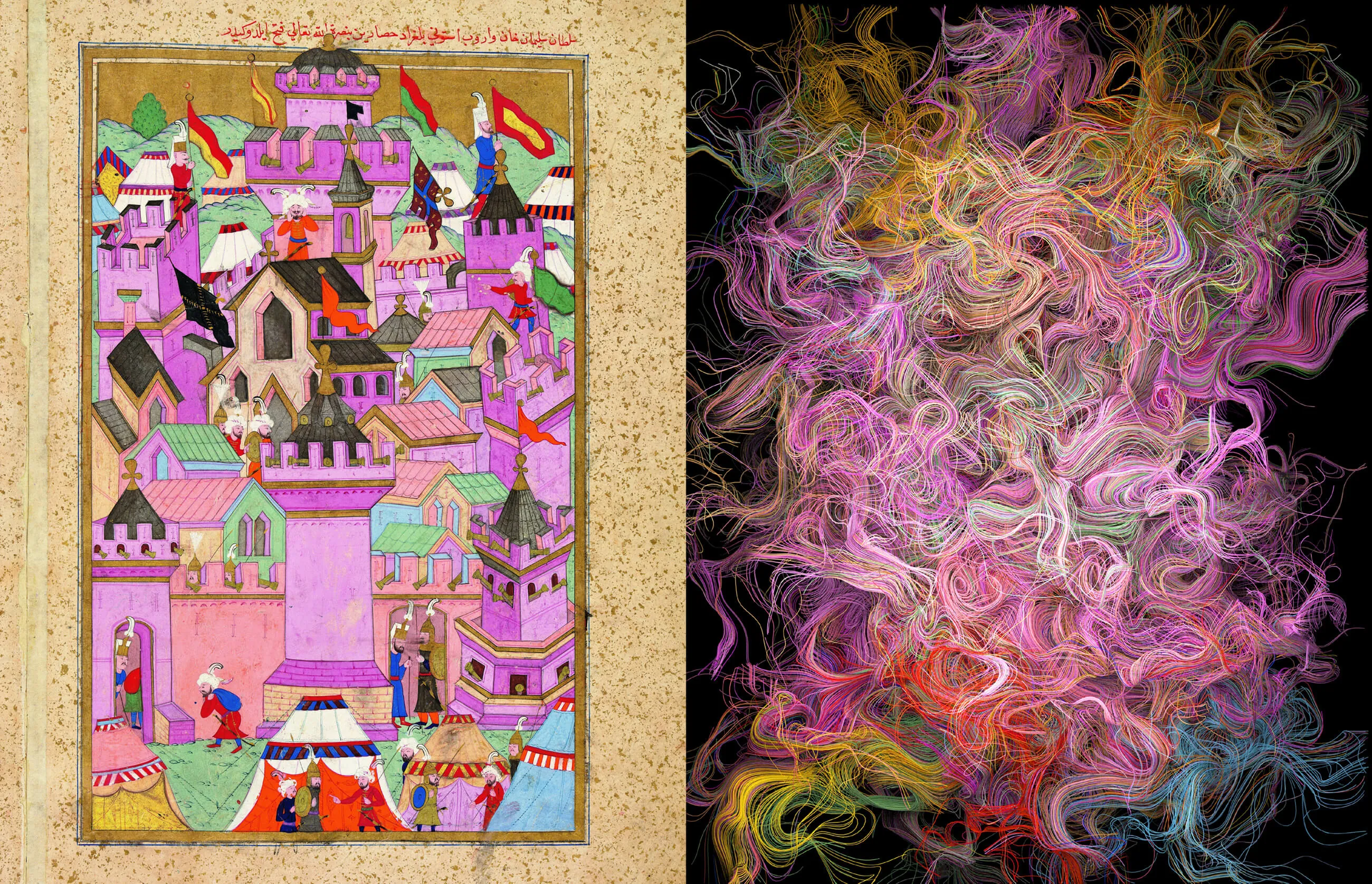 Pigment radiation in Székesfehérvár — algorithmic transformation of the Conquest of Székesfehérvár miniature, Hünernâme II, Constantinople 1588, Mete Kutlu, 2022