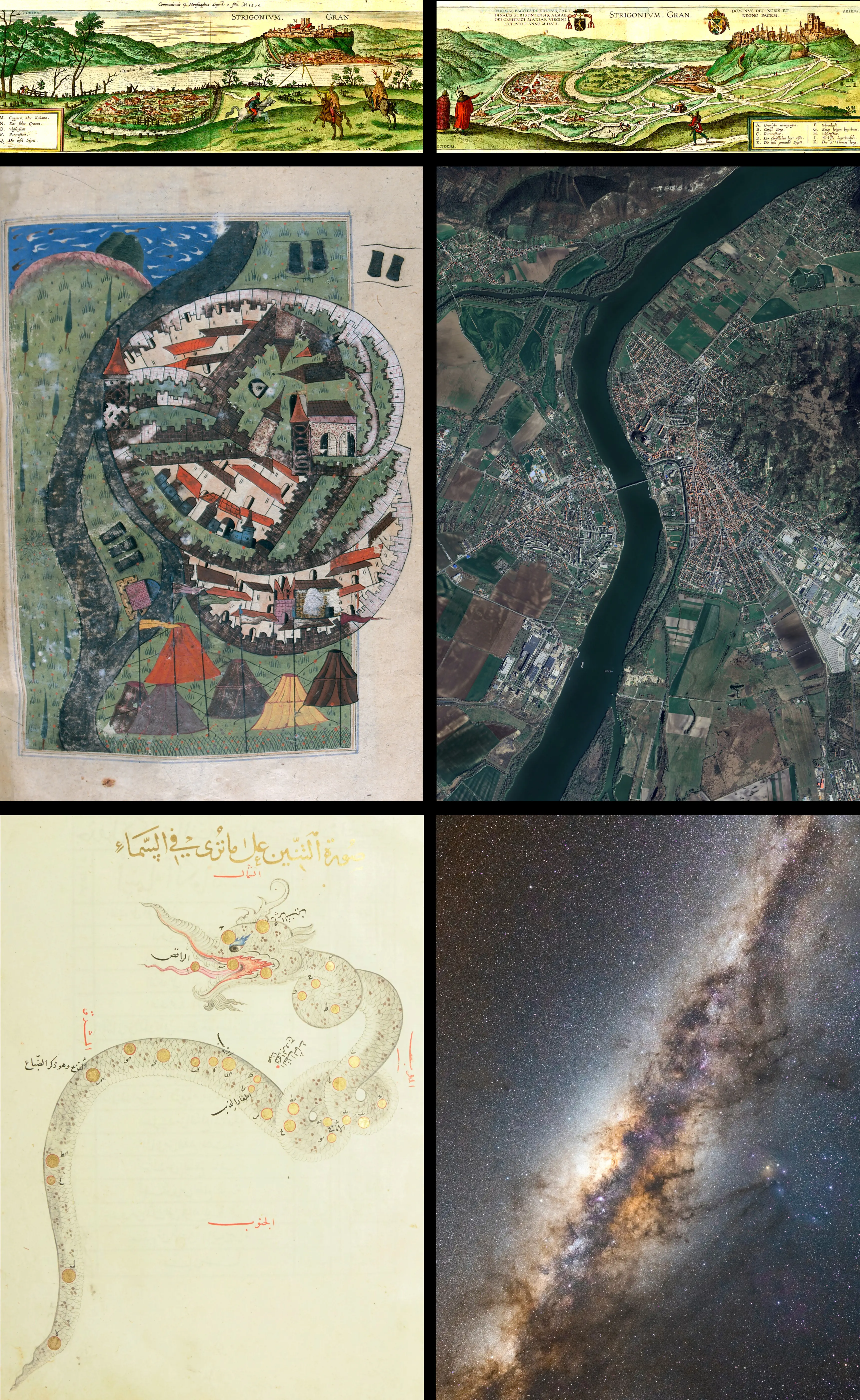 Esztergom, Hungary through six regimes of vision: Renaissance engravings by Hogenberg (1595), Ottoman miniature by Matrakci Nasuh (1546), Google Earth satellite view (2025), Draco constellation from al-Sufi (c. 1440), and the Milky Way