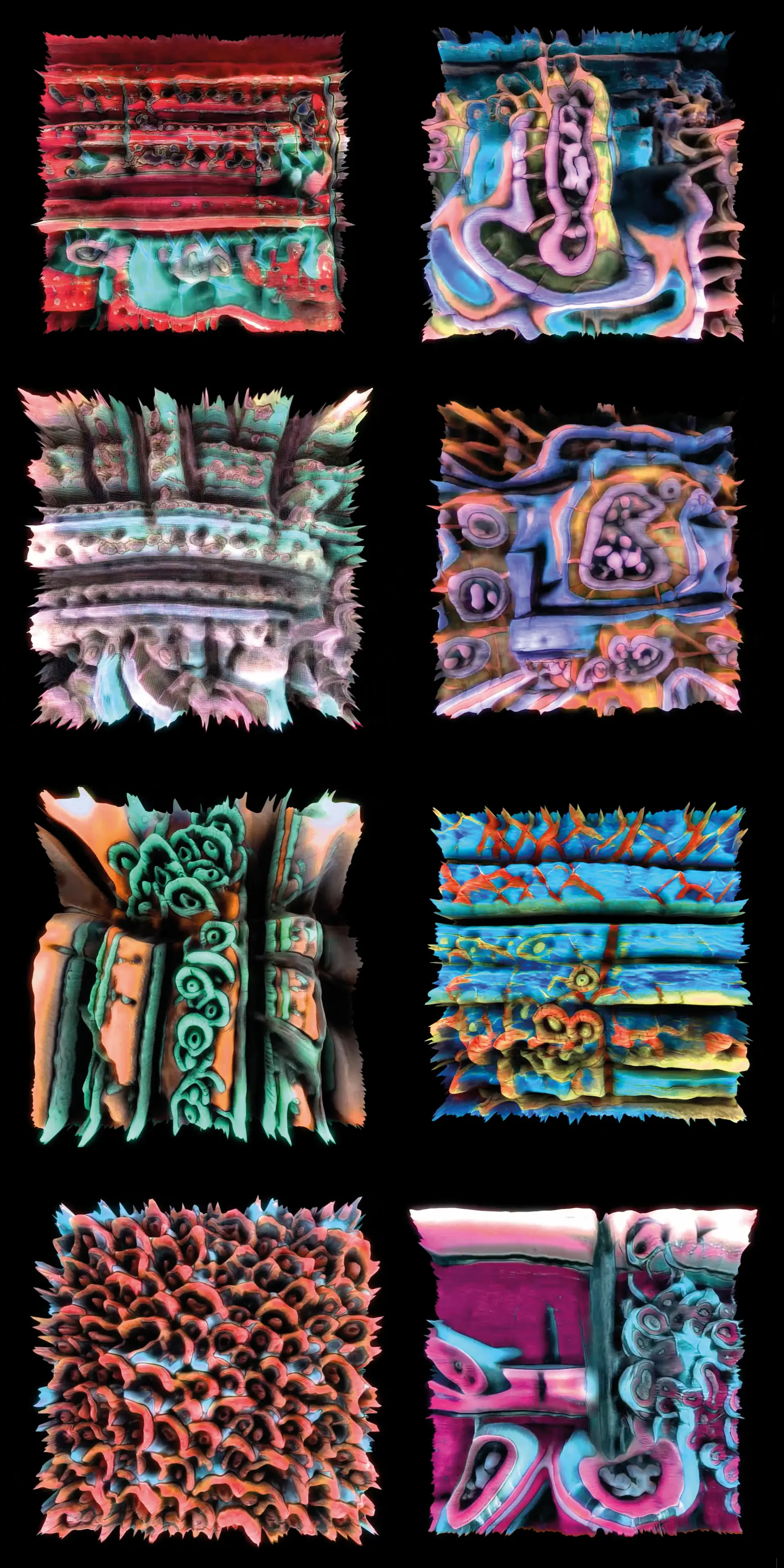 Landscapes from an algorithmic paradise: 3D latent walk visualization mapping neural network image brightness to terrain — darker regions sink into valleys, lighter regions rise into peaks. Screenshot from a latent walk video by Mete Kutlu, 2023