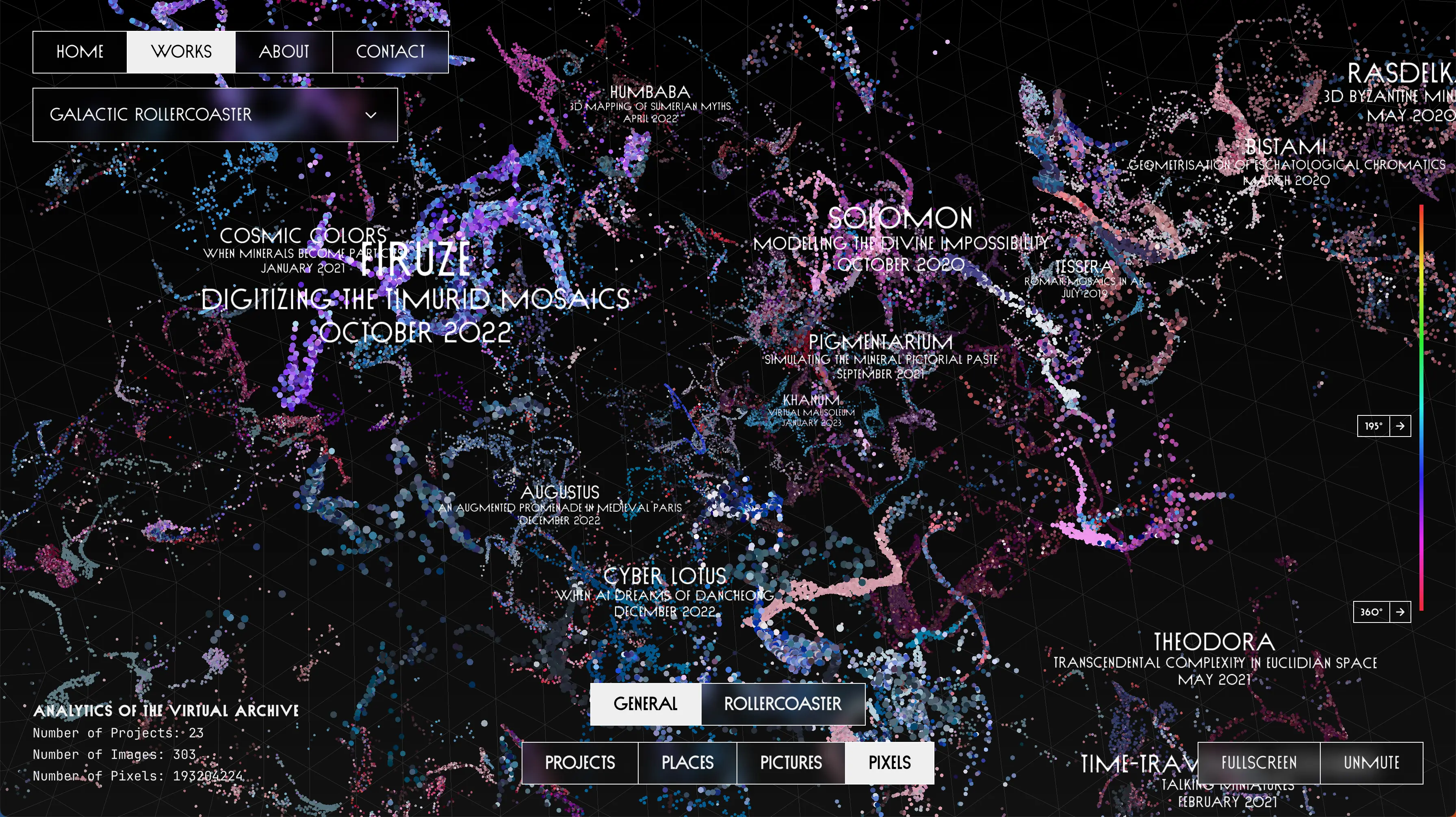 Dream Pixels galactic visualization — colored point cloud where each point represents a pixel extracted from an AI experiment, forming a constellation of data as an immersive map of knowledge. Designed by Mete Kutlu and Emilien Francois, 2023