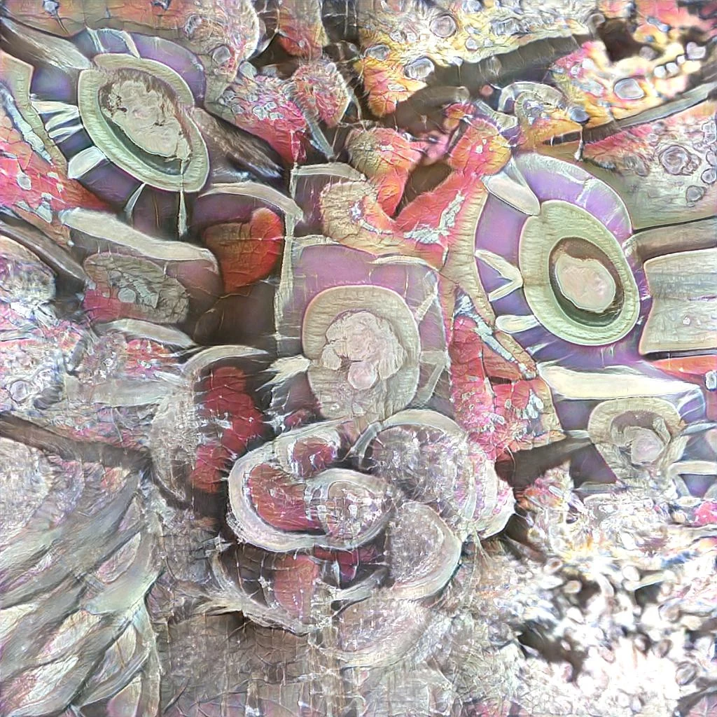 AI-generated dancheong image produced by a StyleGAN2 model trained on 1,000 photographs of Korean temple paintings — synthetic composition showing dissolved lotus motifs, lattice patterns, and wave forms as fluid concentric bubbles. Mete Kutlu, 2023